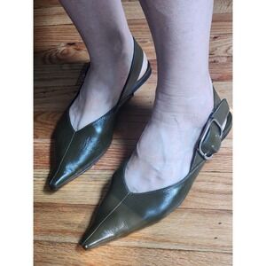 Zara Womens Olive Green Pointed Toe Slingback Flats Buckle Strap Shoes Size 38